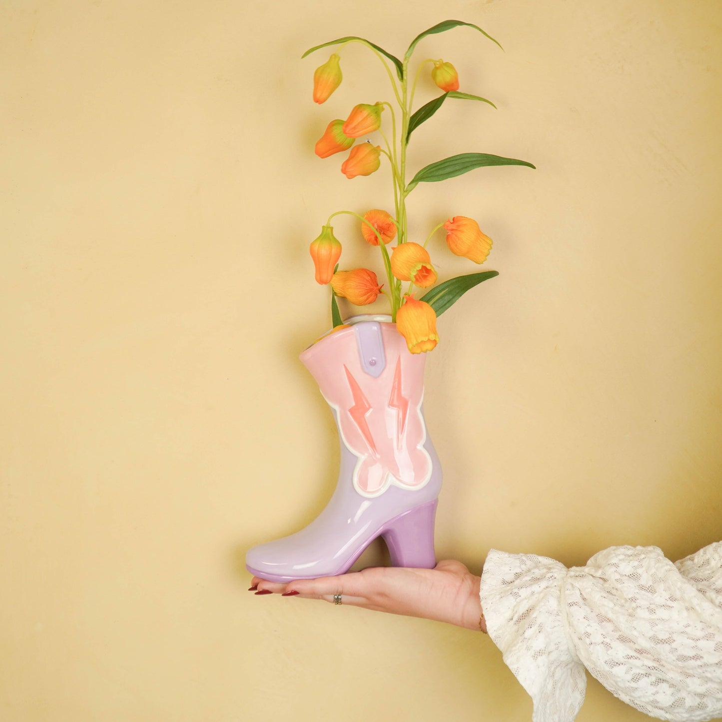 Vaso de flores - Vaso em forma de bota - Cerâmica - Rosa/Lilás - 16,5 x 10,5 x 26,5 cm