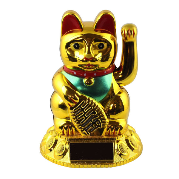 Chat chanceux solaire doré 10,5cm