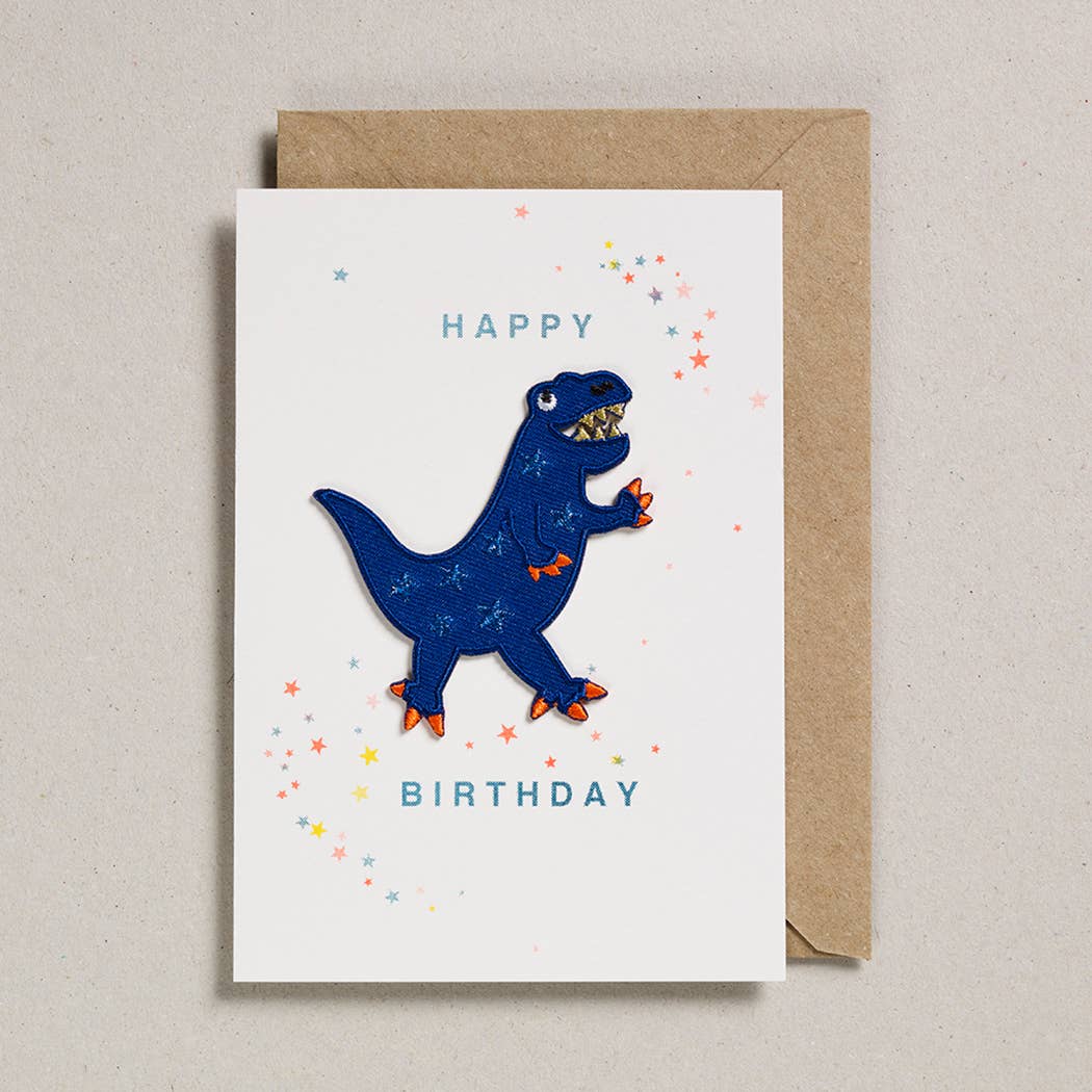 Tarjeta de felicitación con parche - Dinosaurio azul