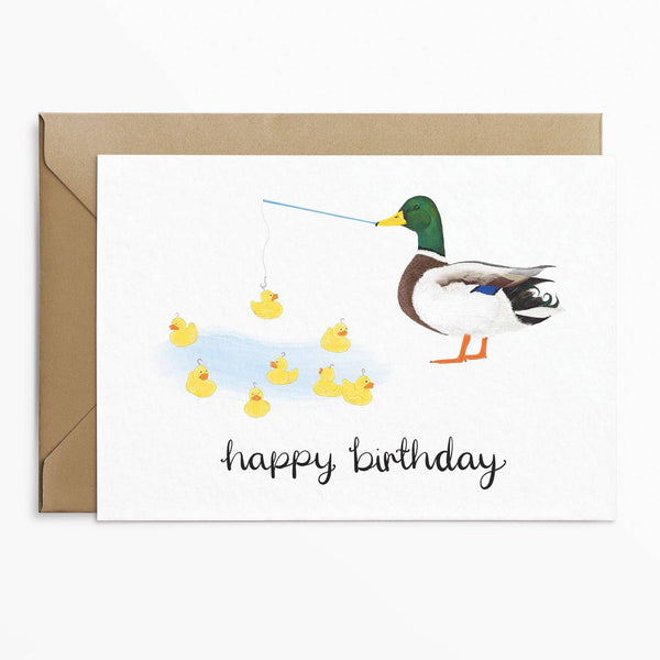 Biglietto di auguri di compleanno con anatra al gioco di pesca delle anatre
