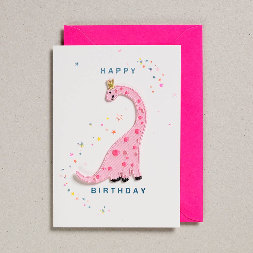 Tarjeta de felicitación con parche - Dinosaurio rosa