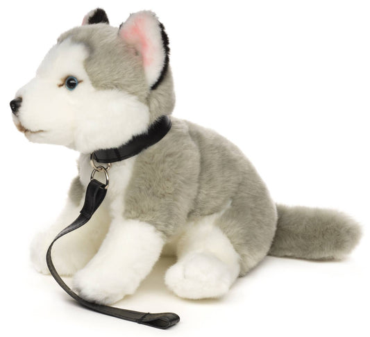 Peluche de husky gris, sentado (con correa)