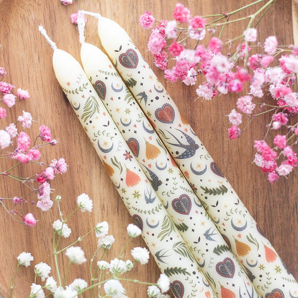 Ensemble de 3 bougies à motif floral crème folk