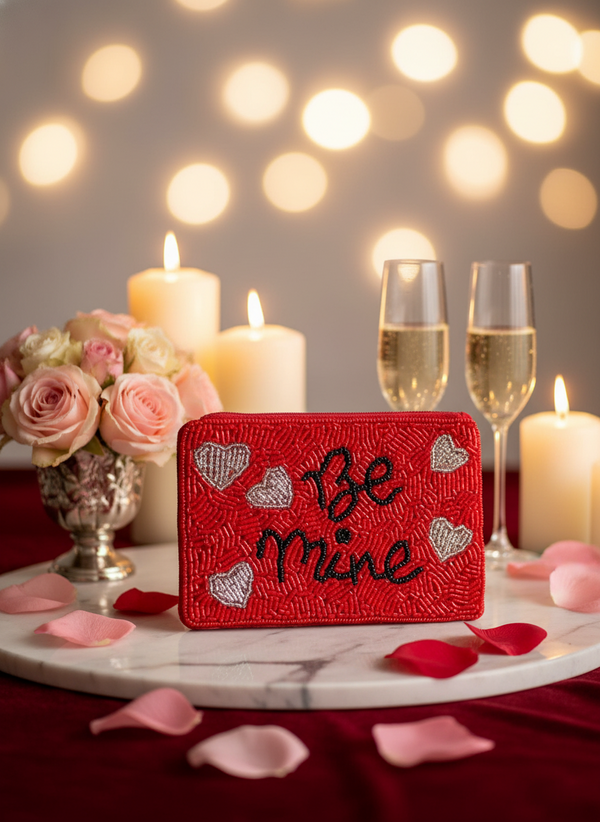 Borsa con cerniera e perline rosse "Be Mine"