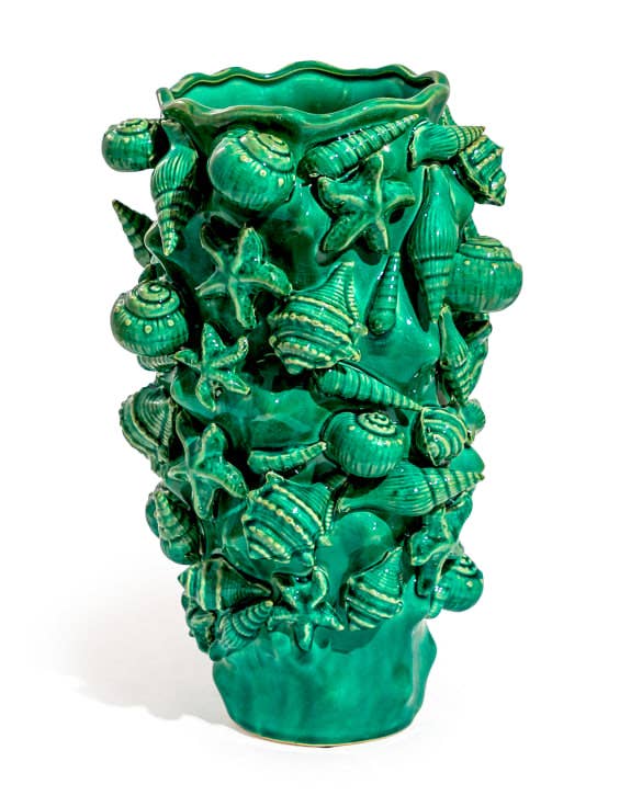 Grand vase en céramique bleu aqua craquelé à motif de coquillage.