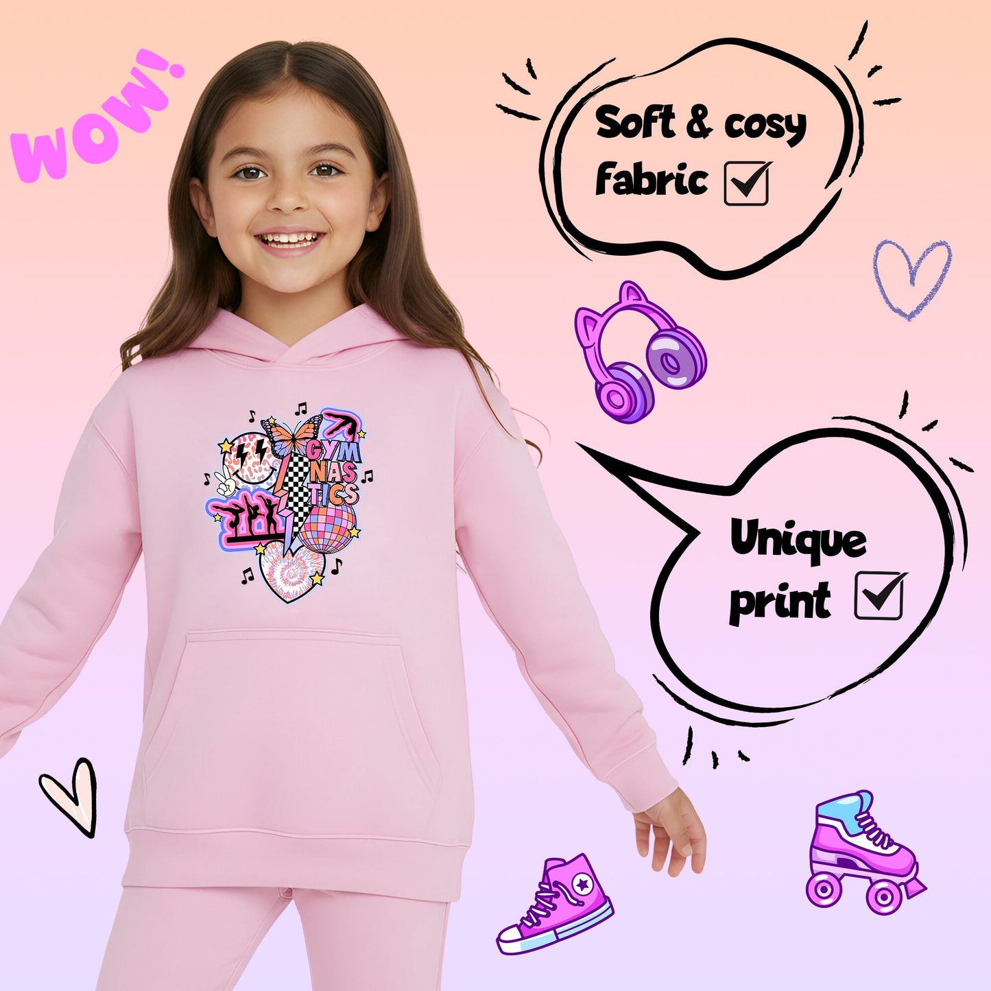 Fringoo Gymnastic Hoodie for Kids Cotton Rich Soft Hooded Sweatshirt - Gymnastic Vibes - Pink