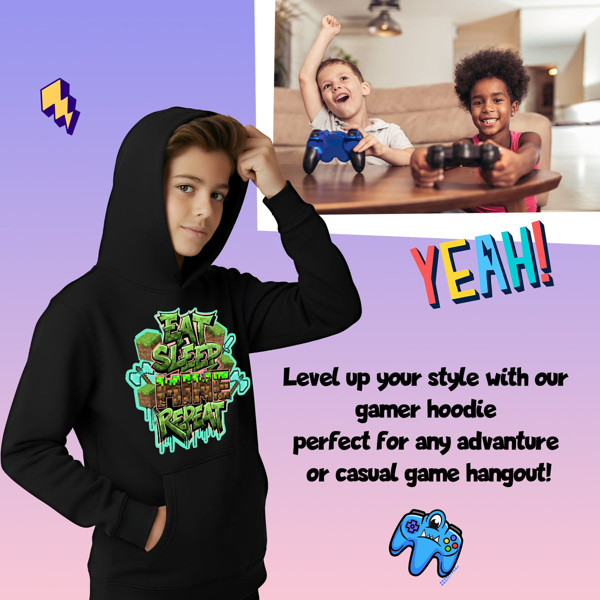 Sweat à capuche gymnastique – Fringoo gaming gris for Boys Cotton Rich Soft Hooded – Eat Minecraft noir