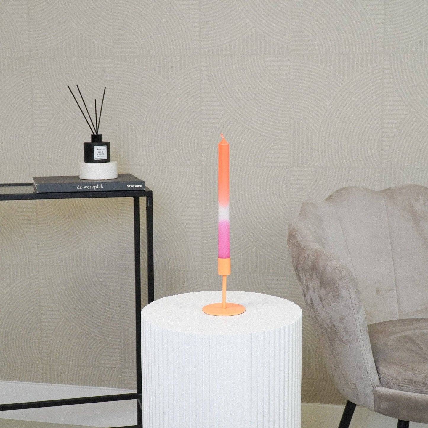 Kandelaar - Basis - Metaal - Neonoranje - 8x8x10cm