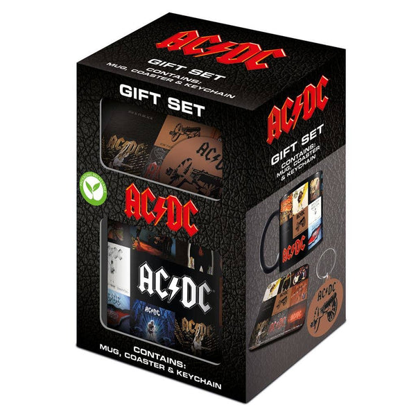 Set regalo AC/DC - Album classici: tazza, sottobicchiere e portachiavi