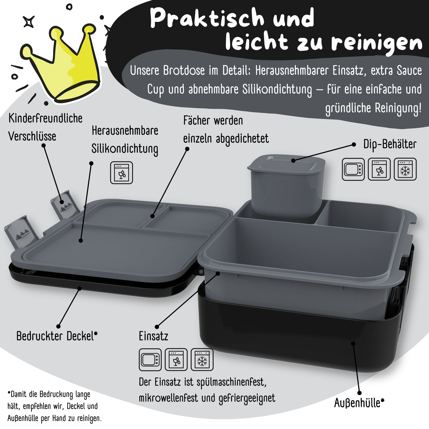 Brotdose mit Fächern, leicht & auslaufsicher - Sticker schwarz