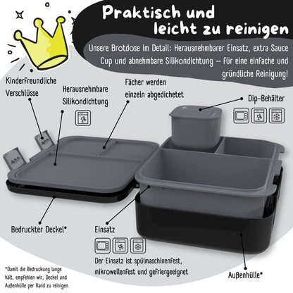 Brotdose mit Fächern, leicht & auslaufsicher - Dinos schwarz