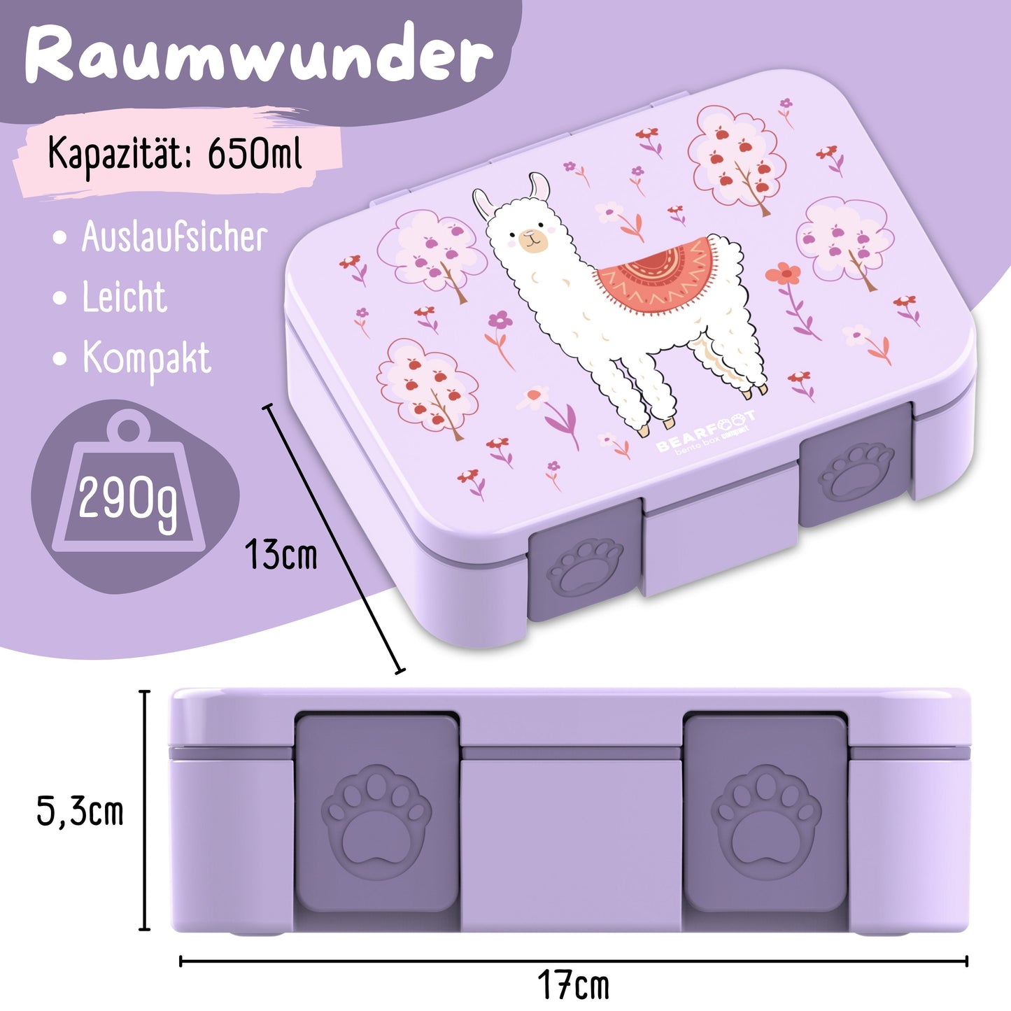 Brotdose mit Fächern, leicht & auslaufsicher - Lama lila