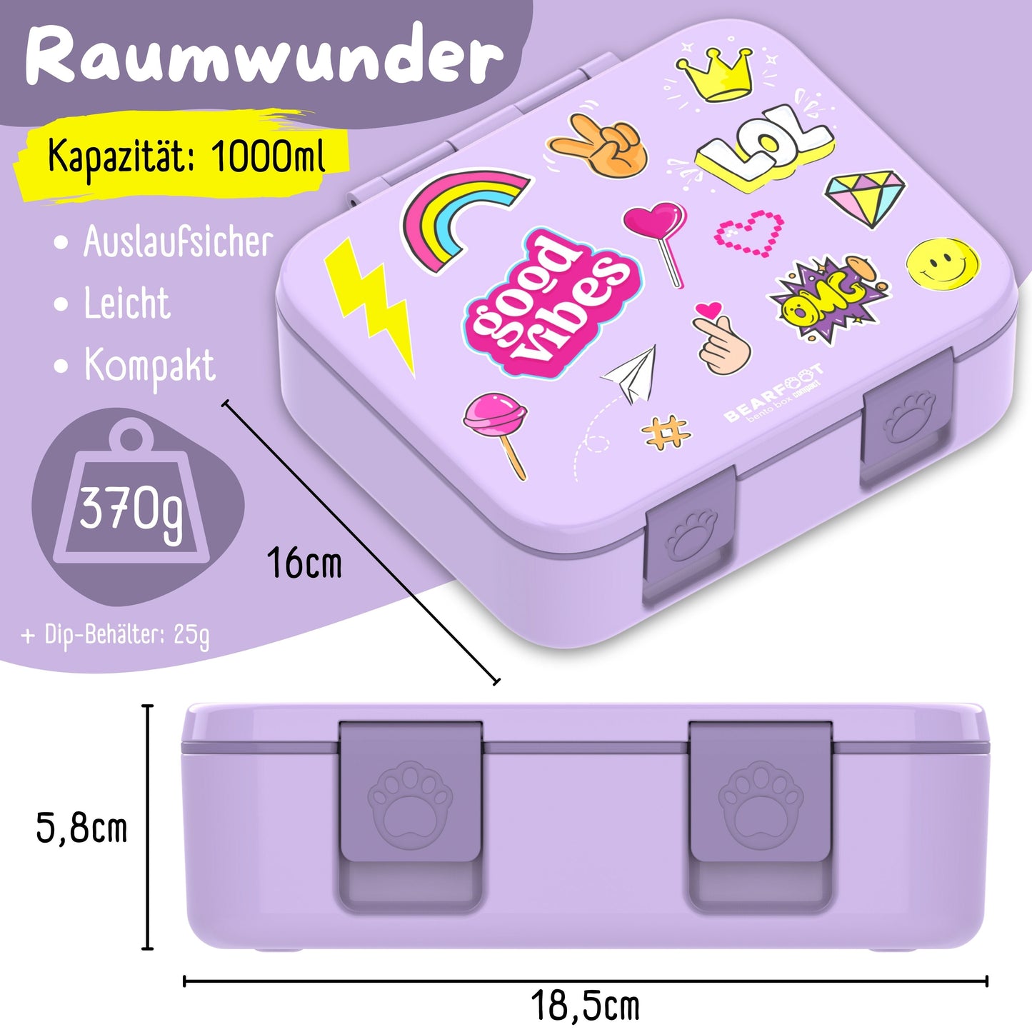 Brotdose mit Fächern, leicht & auslaufsicher - Sticker lila