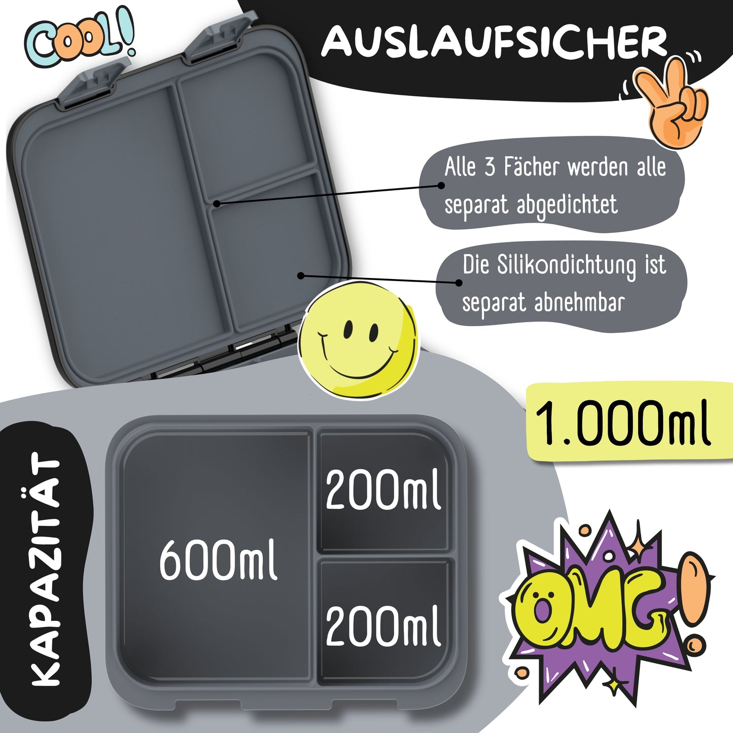 Brotdose mit Fächern, leicht & auslaufsicher - Game schwarz