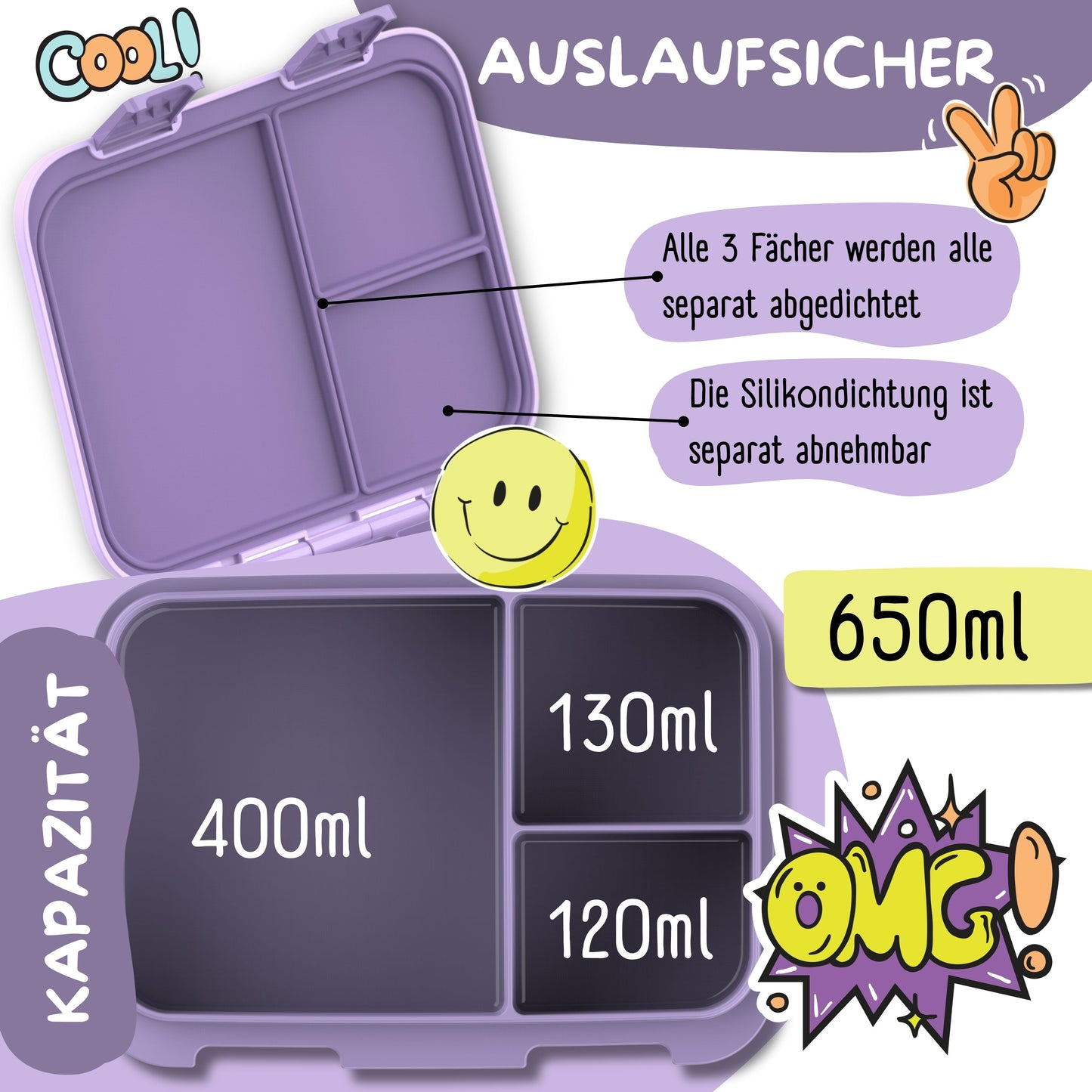 Brotdose mit Fächern, leicht & auslaufsicher - Sticker lila