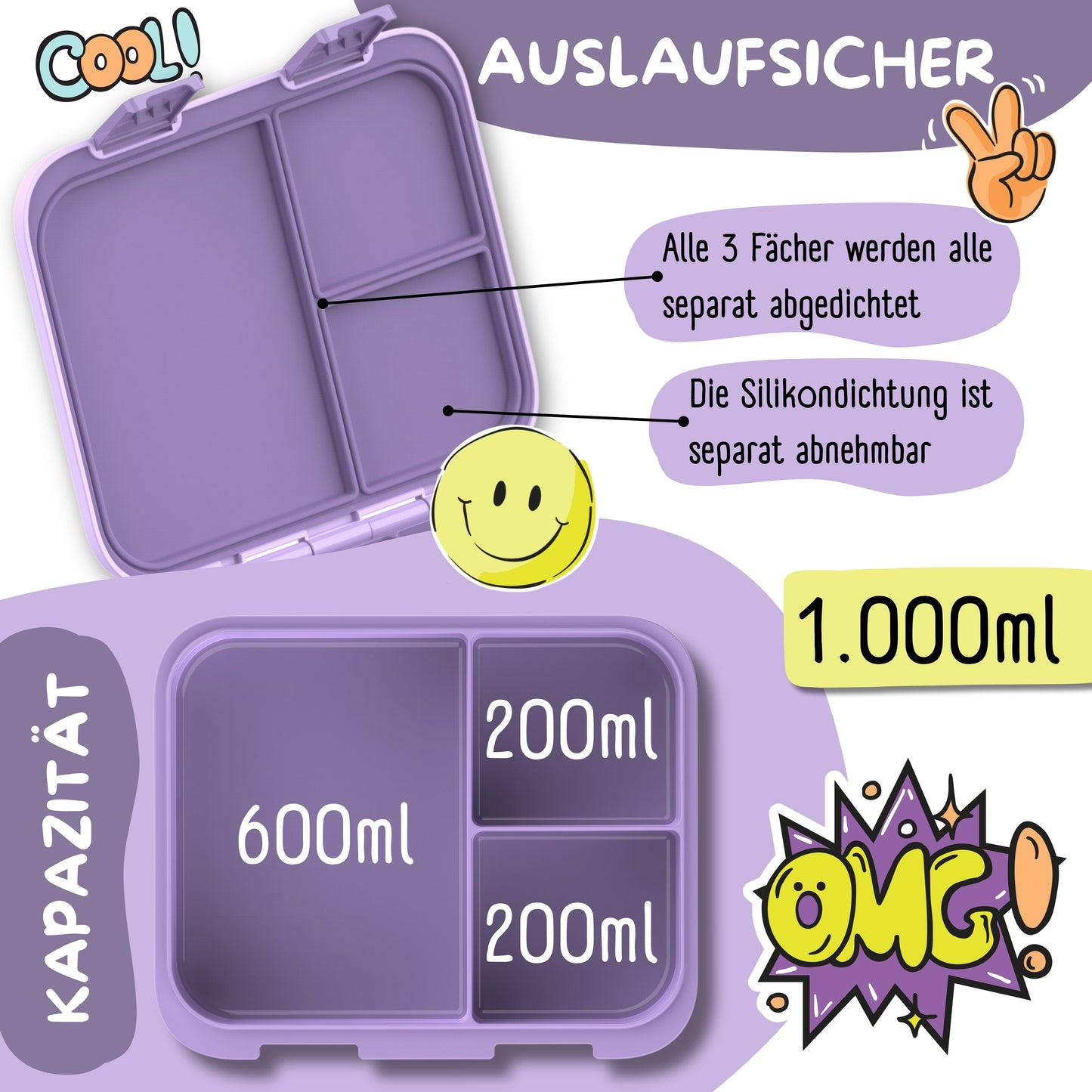 Brotdose mit Fächern, leicht & auslaufsicher - Sticker lila