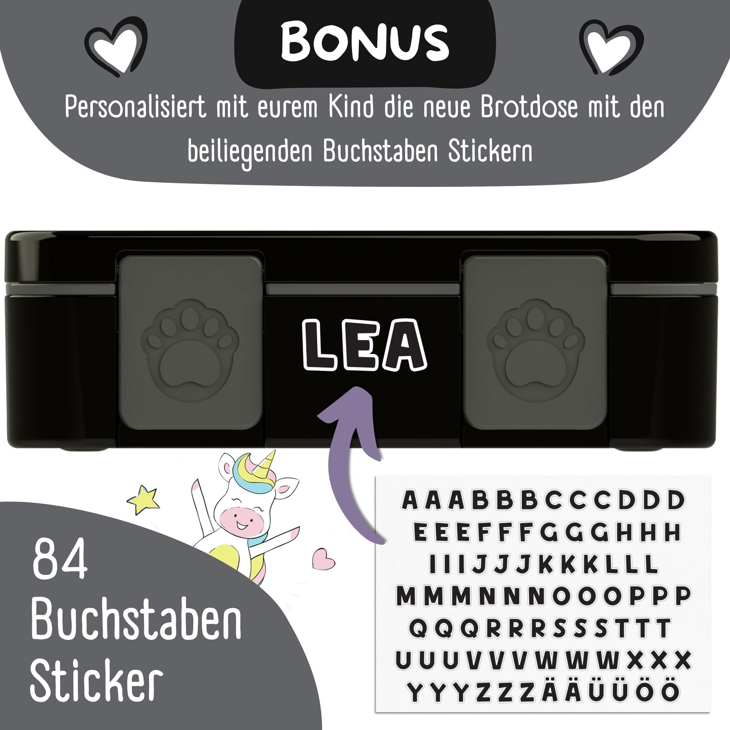 Brotdose mit Fächern, leicht & auslaufsicher - Sticker schwarz