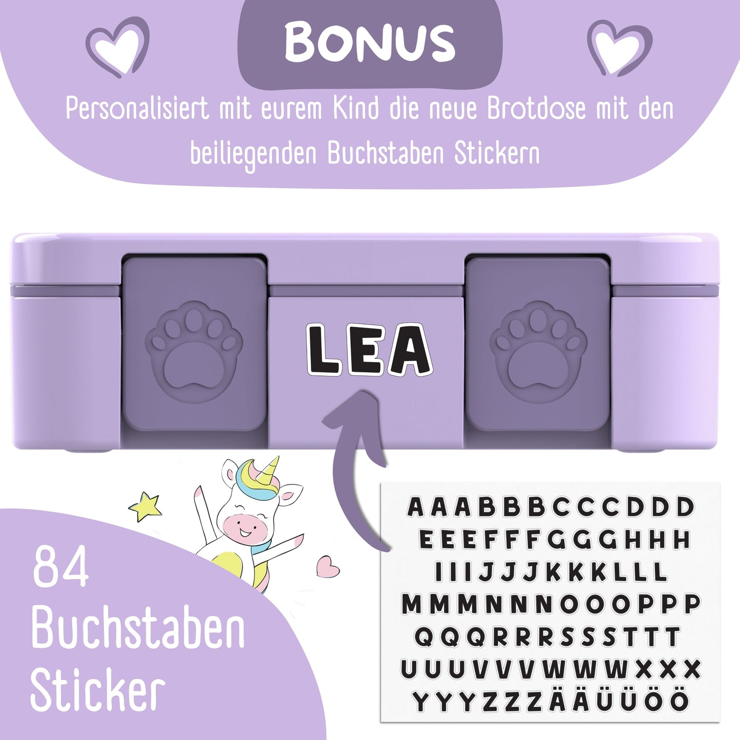Brotdose mit Fächern, leicht & auslaufsicher - Sticker lila