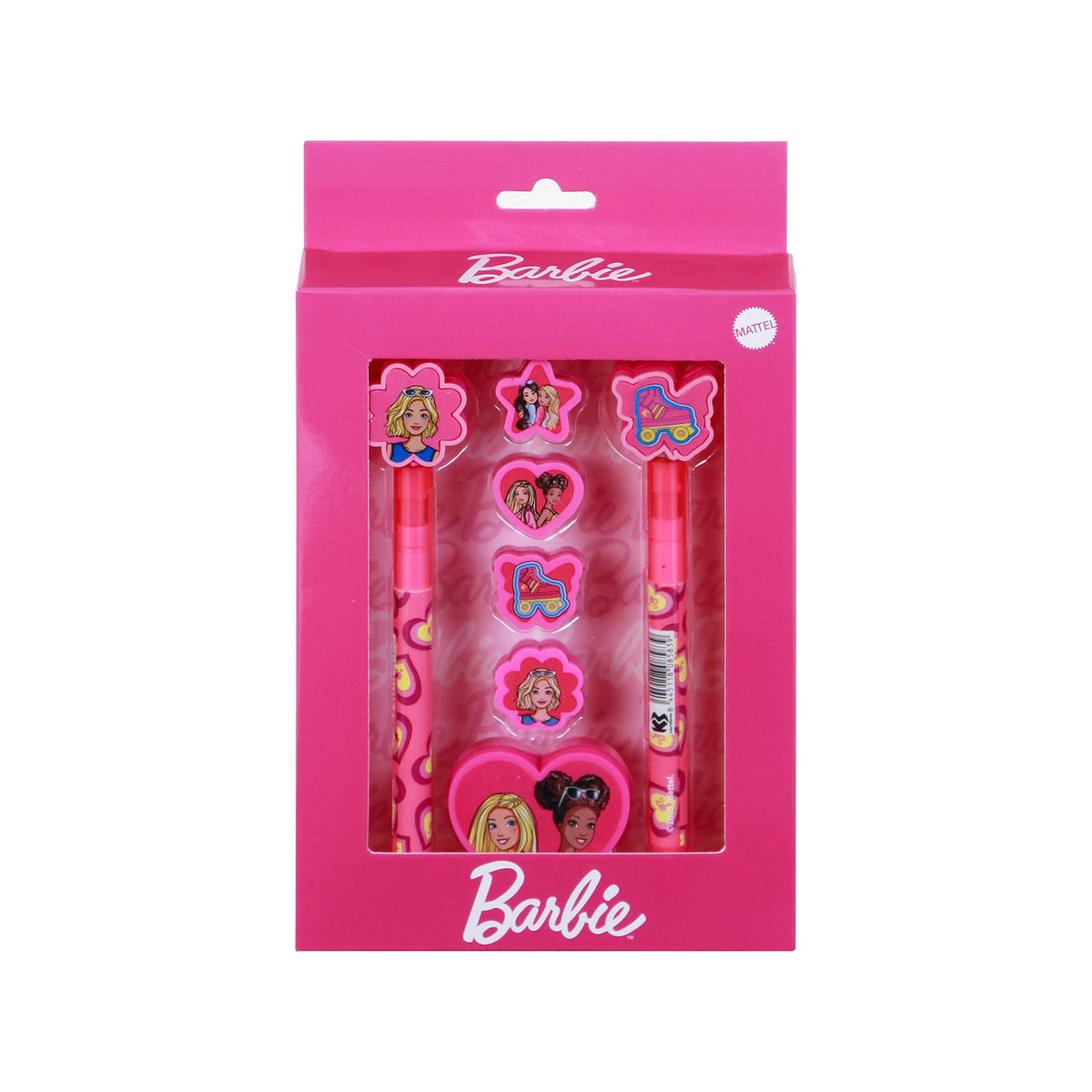 Pack Mix de Stylo Gel Effaçable + Crayon Éternel + 4 Gommes + Taille-crayon Barbie