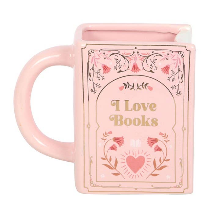 “I Love Books” Book Shaped Mug Pink