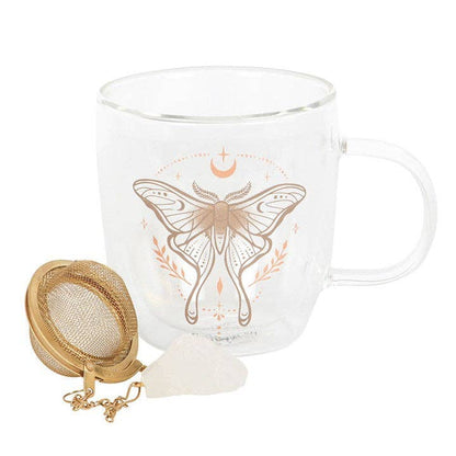 Mug en verre double paroi avec infuseur de thé en cristal et motif de Papillon lunaire