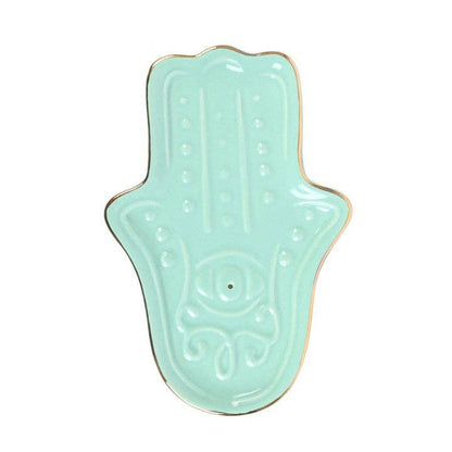 Porte-encens en céramique main Hamsa bleue