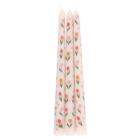 Ensemble de 3 bougies effilées à motif de tulipes