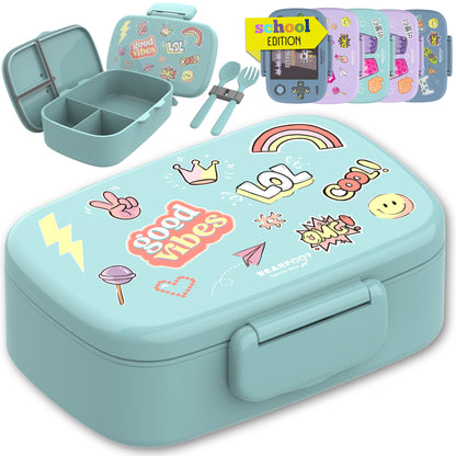 Kids' Bento Lunch Box with Compartments, Leak-Proof - Stickers, Mint