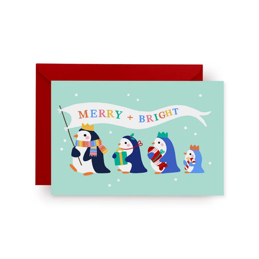 Tarjeta de felicitación de pingüinos - Desfile navideño