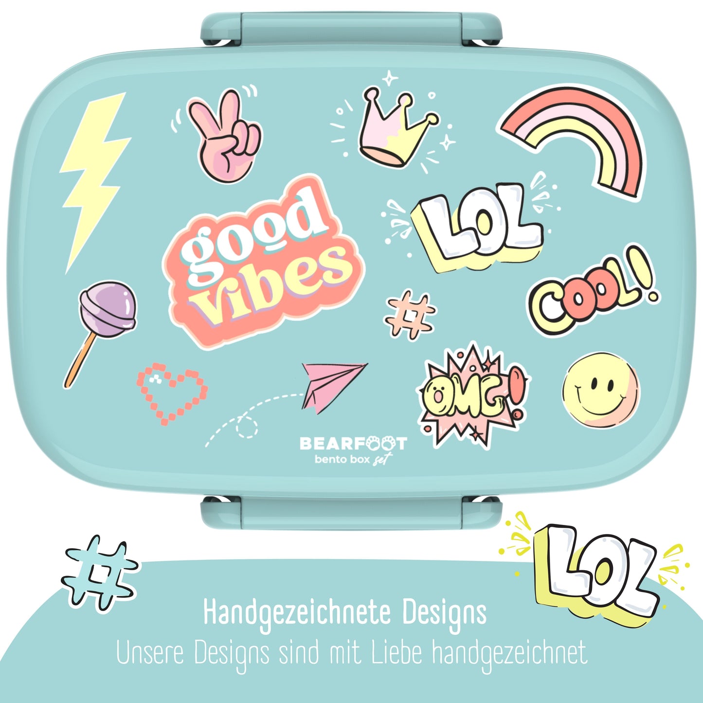Kids' Bento Lunch Box with Compartments, Leak-Proof - Stickers, Mint