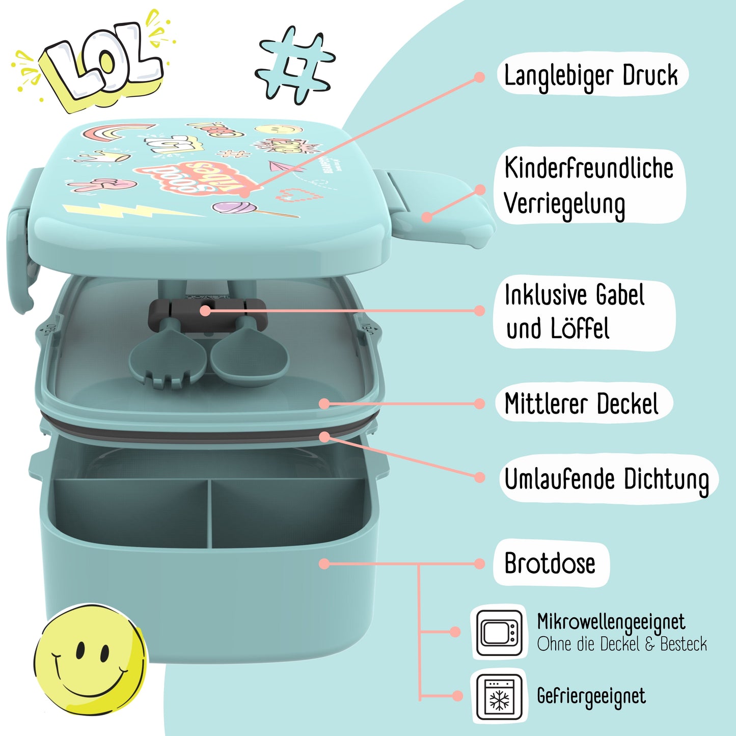 Kids' Bento Lunch Box with Compartments, Leak-Proof - Stickers, Mint