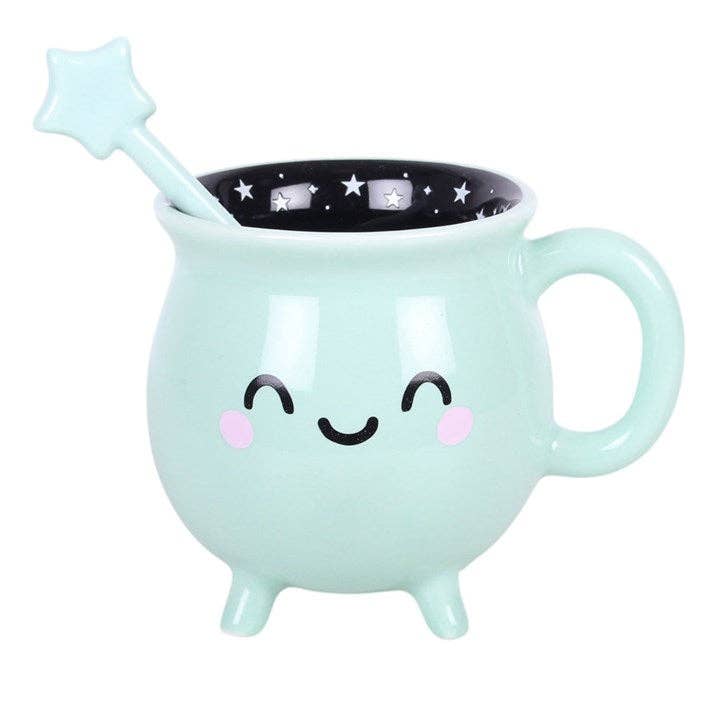 Tasse d'Halloween en forme de chaudron kawaii vert menthe avec touillette en forme de baguette
