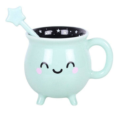 Tasse d'Halloween en forme de chaudron kawaii vert menthe avec touillette en forme de baguette