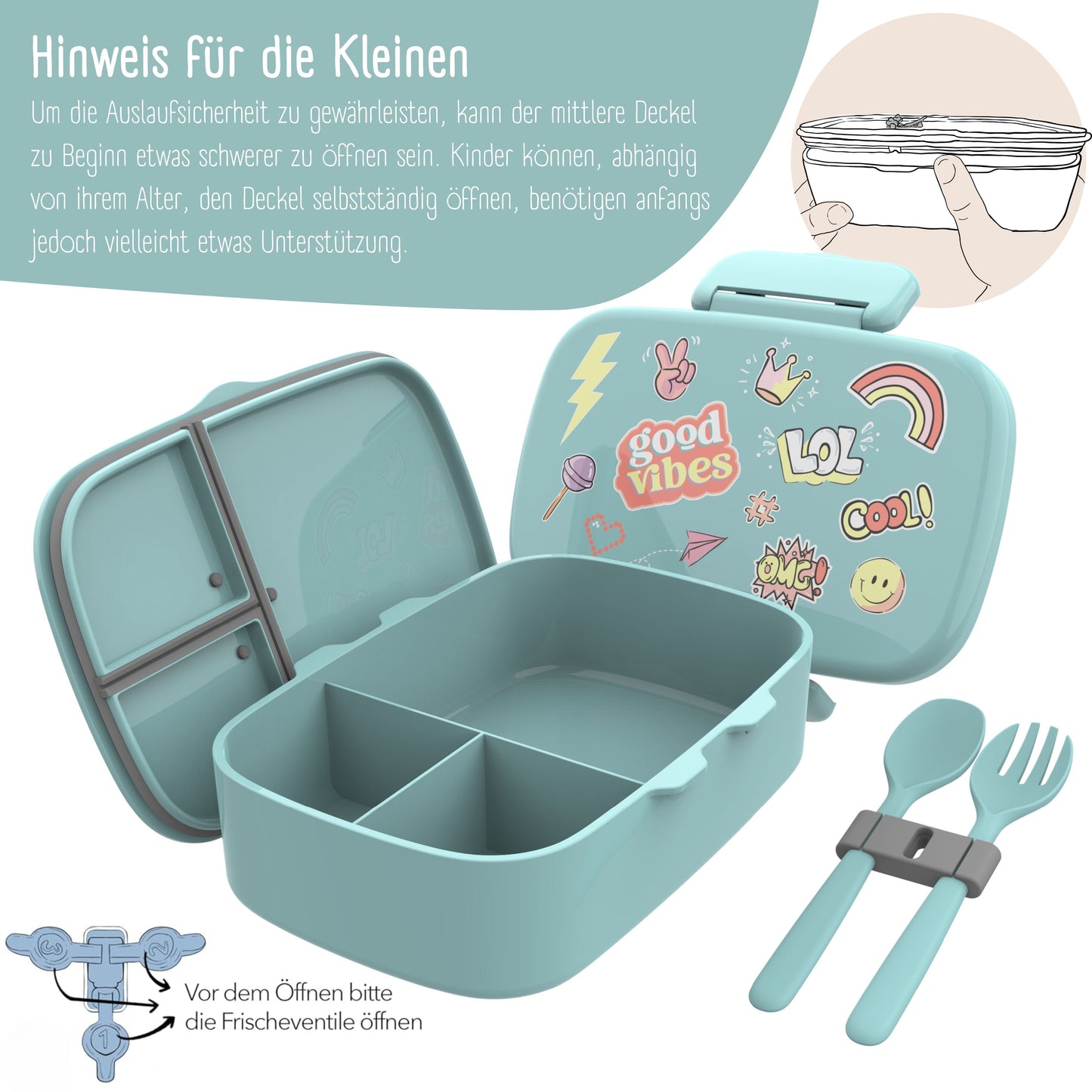 Kids' Bento Lunch Box with Compartments, Leak-Proof - Stickers, Mint