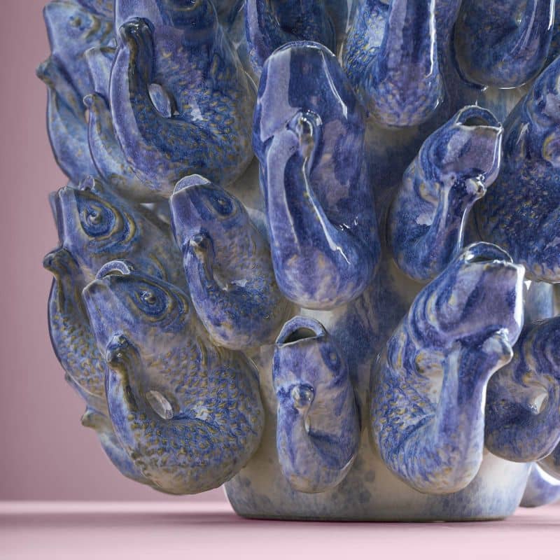 Vase banc de poissons, grès bleu, 24 x 24 x 32 cm