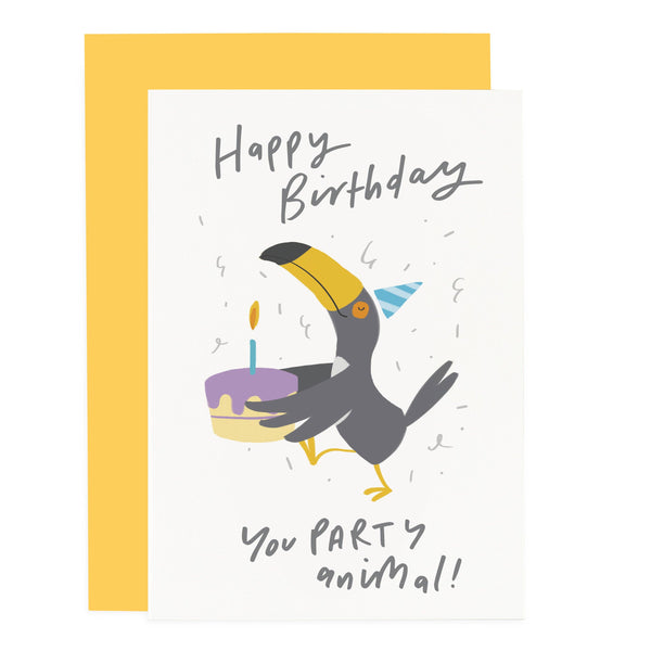 Biglietto d'auguri a forma di tucano "Buon compleanno, animale da festa!"