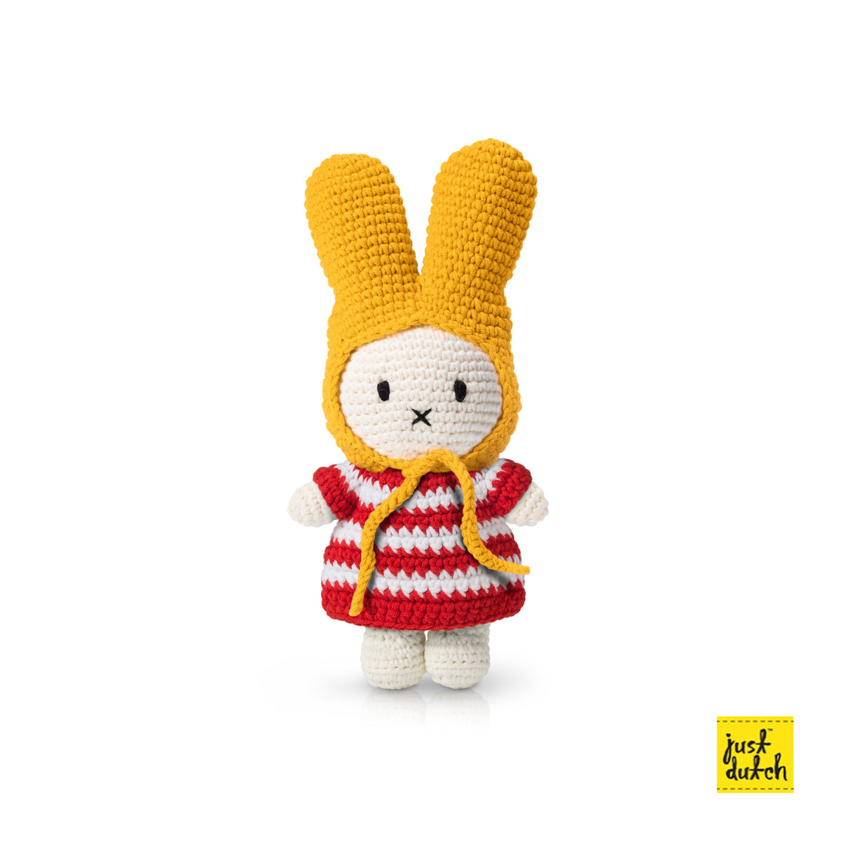 Miffy Plüsch – Rot gestreiftes Kleid + gelbe Mütze