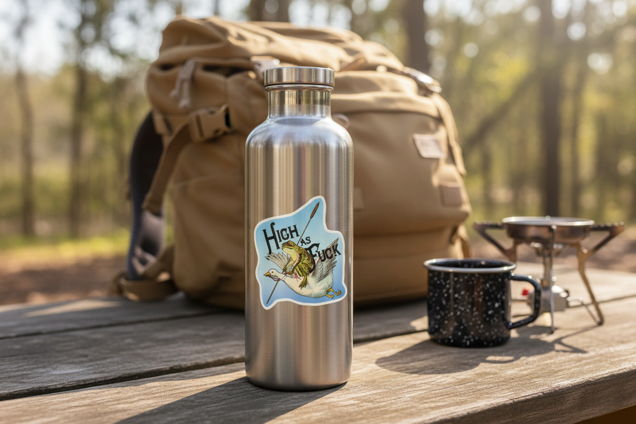 Pegatina de rana con ganso "High as Fuck"