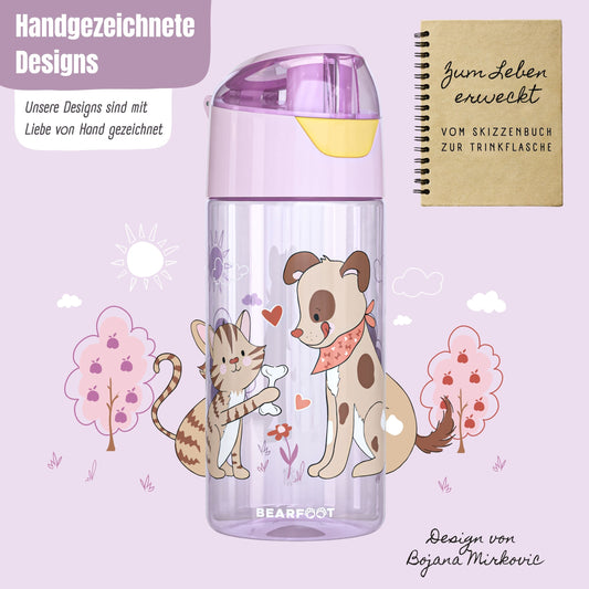 Trinkflasche Kinder leichte Wasserflasche - Hund & Katze pink