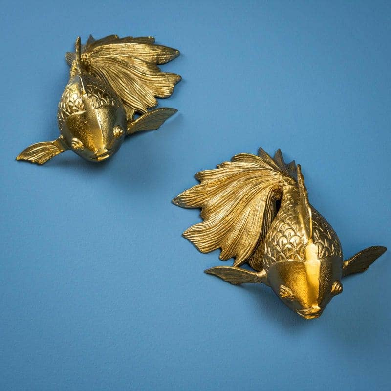 Décoration Murale Poisson Rouge, Aluminium Doré, 27 x 17 x 12 cm