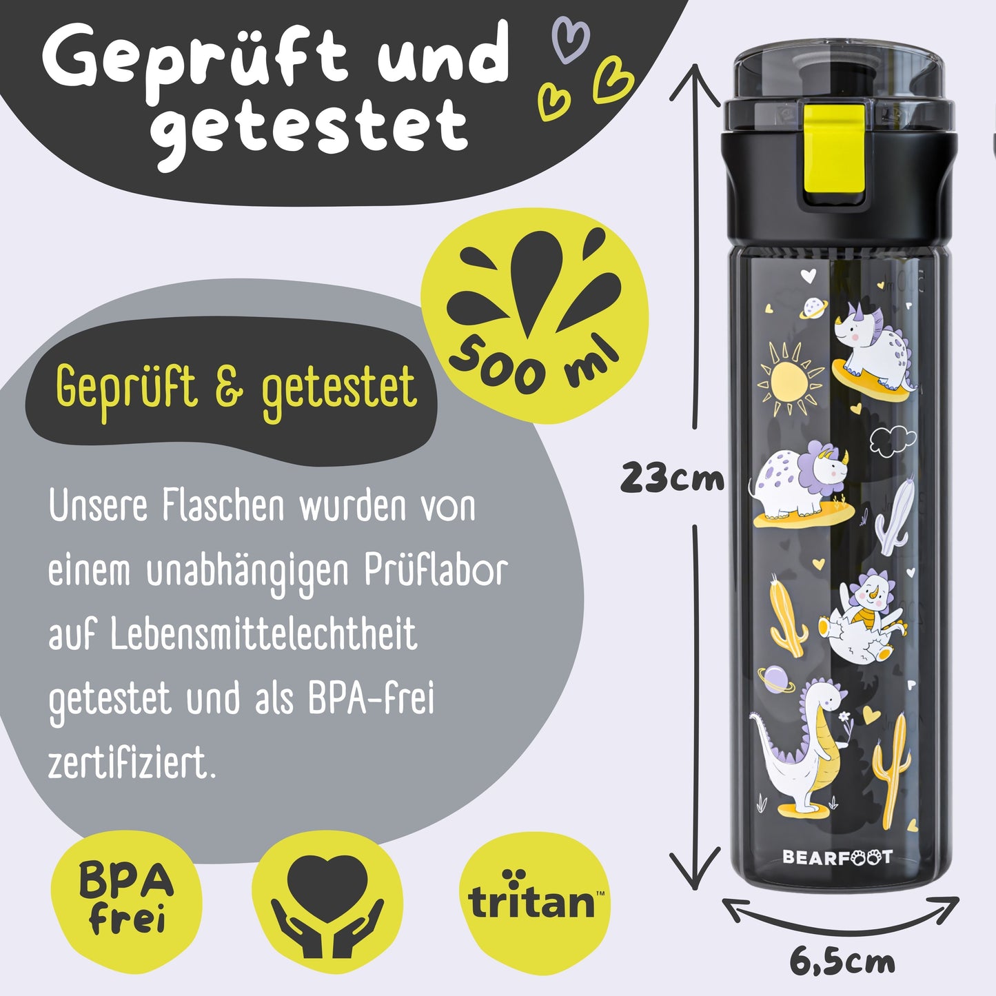 Children's drinking bottle, 500ml, lightweight - Dinosaurs-black