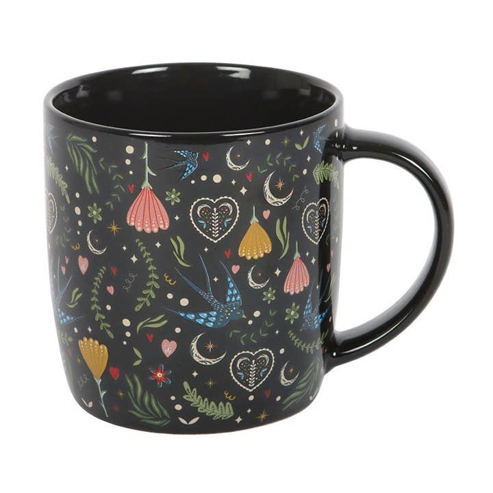 Taza floral folklórica negra Midnight Bloom