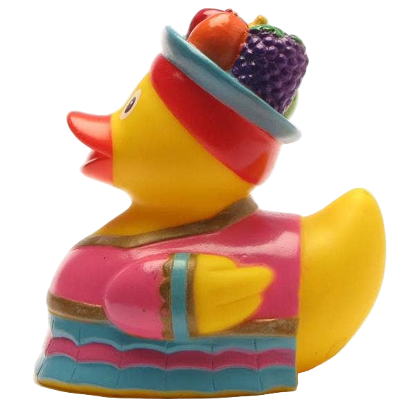 Pato con sombrero de fruta