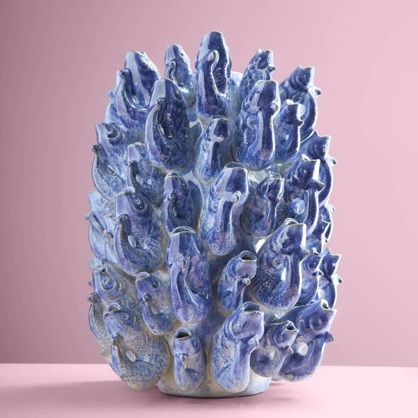 Jarrón con forma de banco de peces, gres azul, 24 x 24 x 32 cm