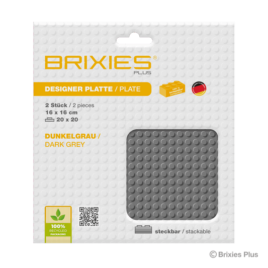 BRIXIES Plus Basis Platte Dunkelgrau 20 x 20 Noppen Doppelpack