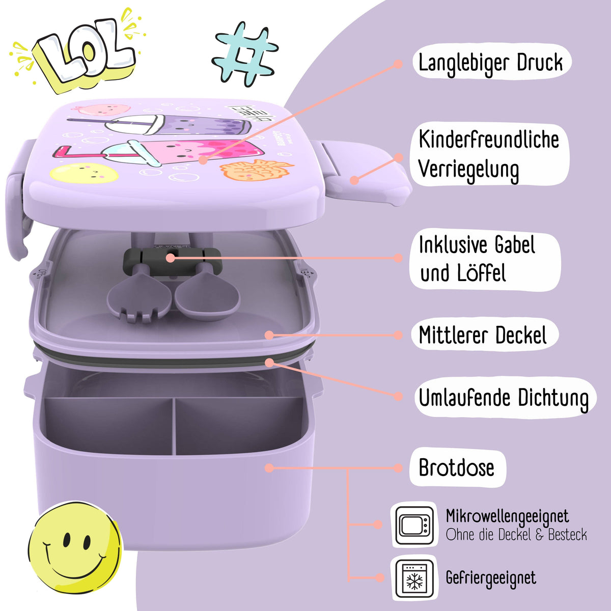 Brotdose Kinder mit Fächern, auslaufsicher - BubbleTea, lila