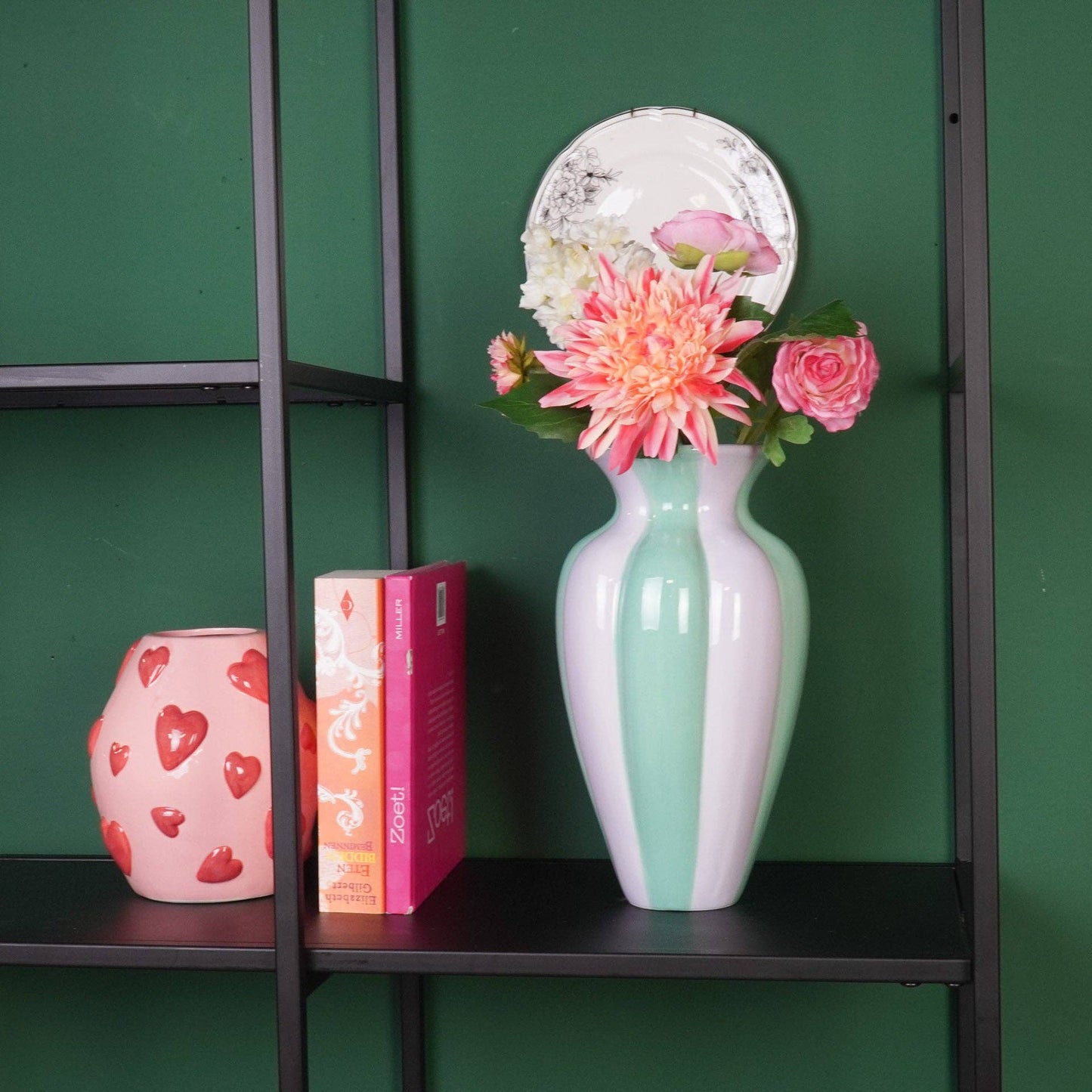 Florero - Florero plisado - Cerámica - Lila/Verde - 16,5 x 16,5 x 29,5 cm