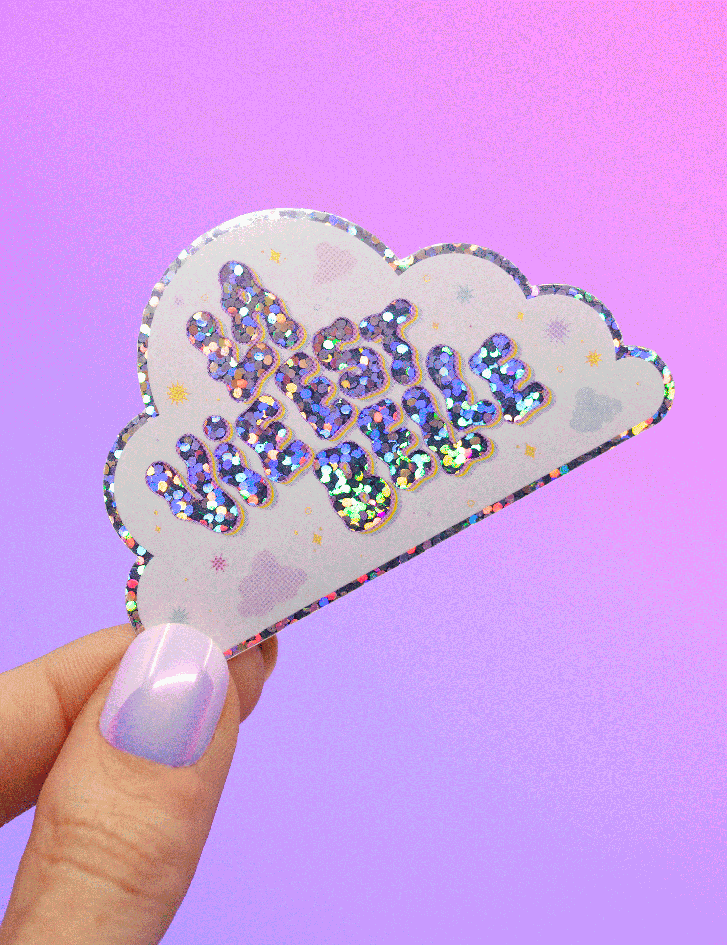 Lettrage – nuage la vie est belle Autocollant à paillettes | Joanna Behar – vue 1