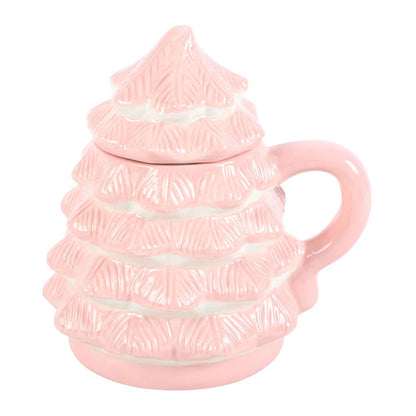 taza rosa con forma de árbol de Navidad