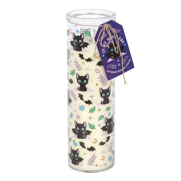Bougie tube lavande avec imprimé de chat chauve-souris mignon et effrayant